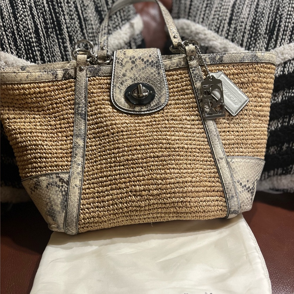 Coach straw and snakeskin tote!